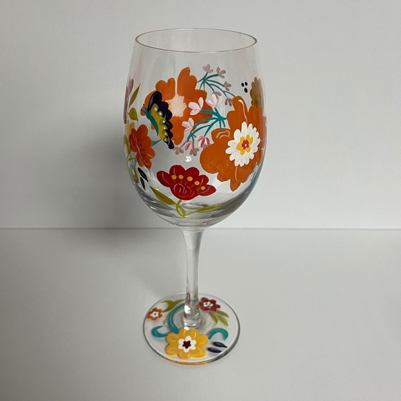 Pier 1 Imports Spring Floral Hand Painted Wine Glass Water Goblet Mouth Blown - Picture 1 of 12